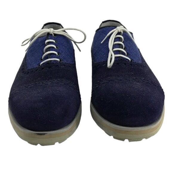 Isaia Napoli Blue Suede Brogues Oxford Loafers Size 6.5 US Mens 7.5 Womens 9.5 - Picture 2 of 13